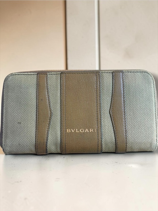 BVLGARI Handbags - Bulgari Sage Green Leather Canvas Wallet with Zipper Charm